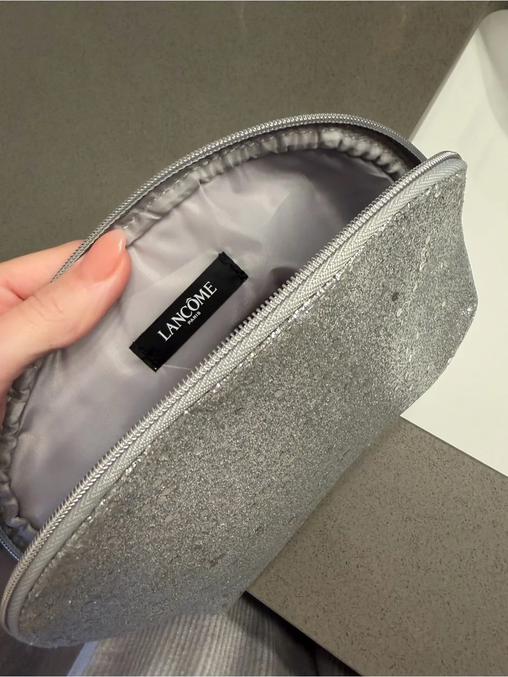 Lancome Silver Glitter Cosmetic Bag Makeup Pouch Travel Toiletry Case 8x5.5